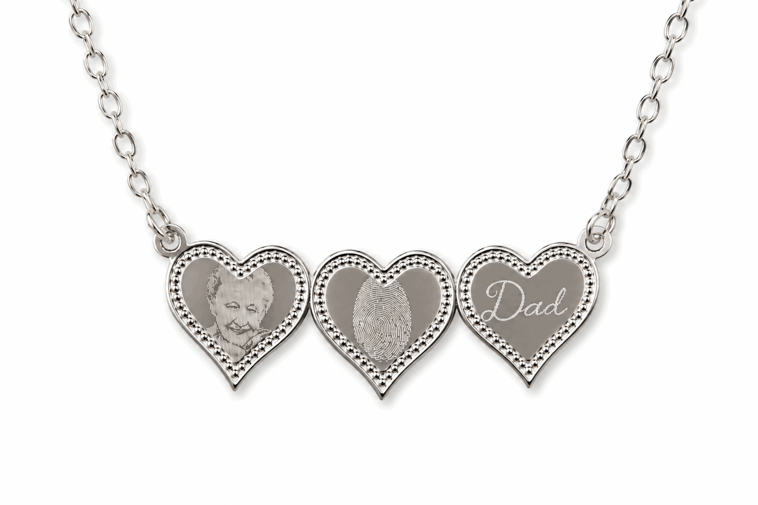 Personalised Triple Heart Memorial Necklace with Photo, Fingerprint & Handwriting